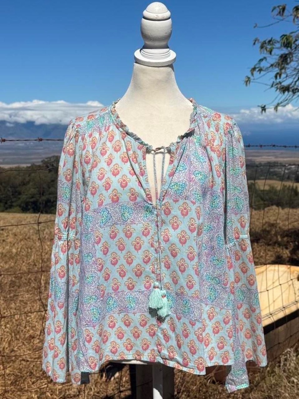 Anthropologie Lilka Paisley Top Bell Long Sleeve Tassels Prairie Peasant Pastel